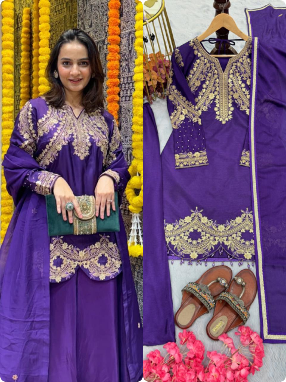 β¨ Premium Designer Chinon Silk Top-Plazzo-Dupatta Set β¨