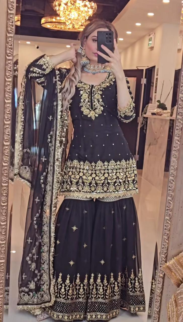 👑 Designer Set – Sharara Palazzo, Embroidered Top & Dupatta