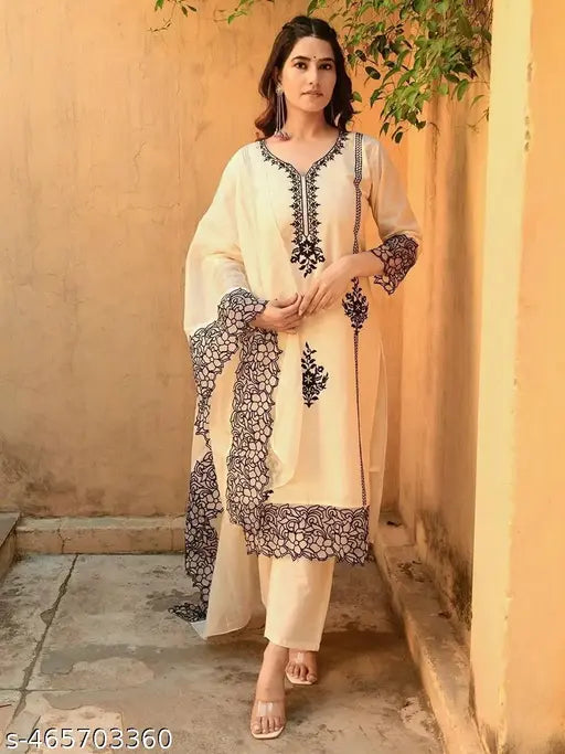 🤍 Viscose Embroidered Yoke Kurta Set – White Elegance with Grace