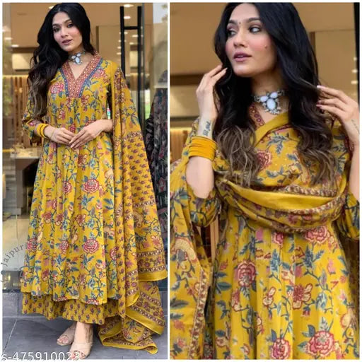 🌼 Sunshine Grace – Yellow Cotton Printed Kurta Set with Plazo & Dupatta