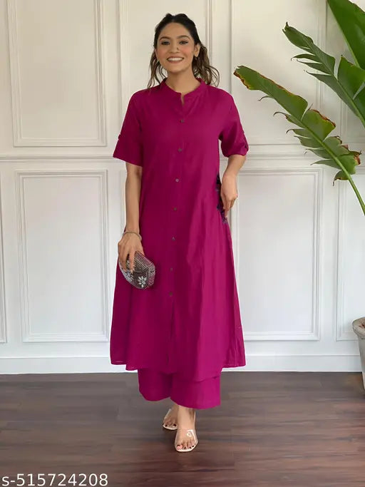 🏷️ Effortless Style – Cotton Kurta Set with Embroidered Pocket & Palazzo