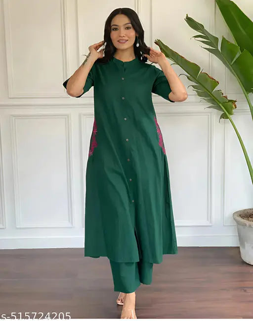 🏷️ Effortless Style – Cotton Kurta Set with Embroidered Pocket & Palazzo