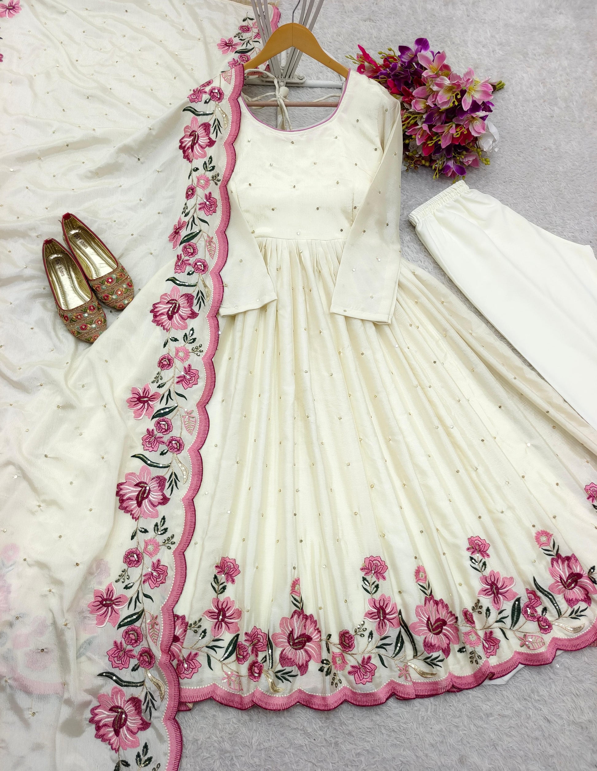 💃 Heavy Pure Chinon Silk Gown, Pant & Dupatta Set 💃