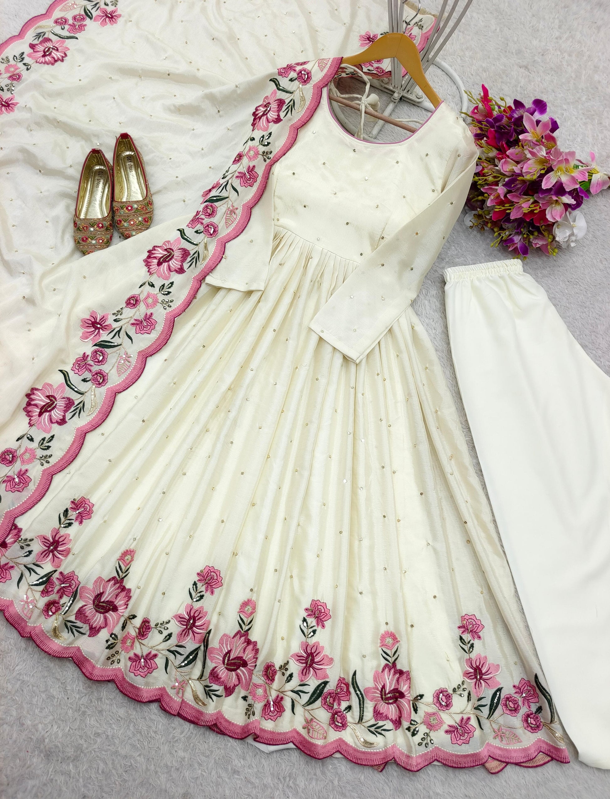 💃 Heavy Pure Chinon Silk Gown, Pant & Dupatta Set 💃