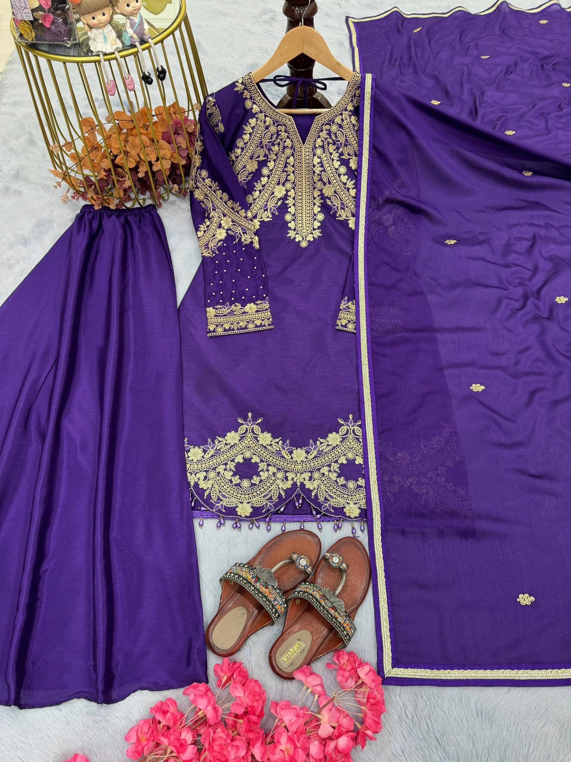 ✨ Premium Designer Chinon Silk Top-Plazzo-Dupatta Set ✨