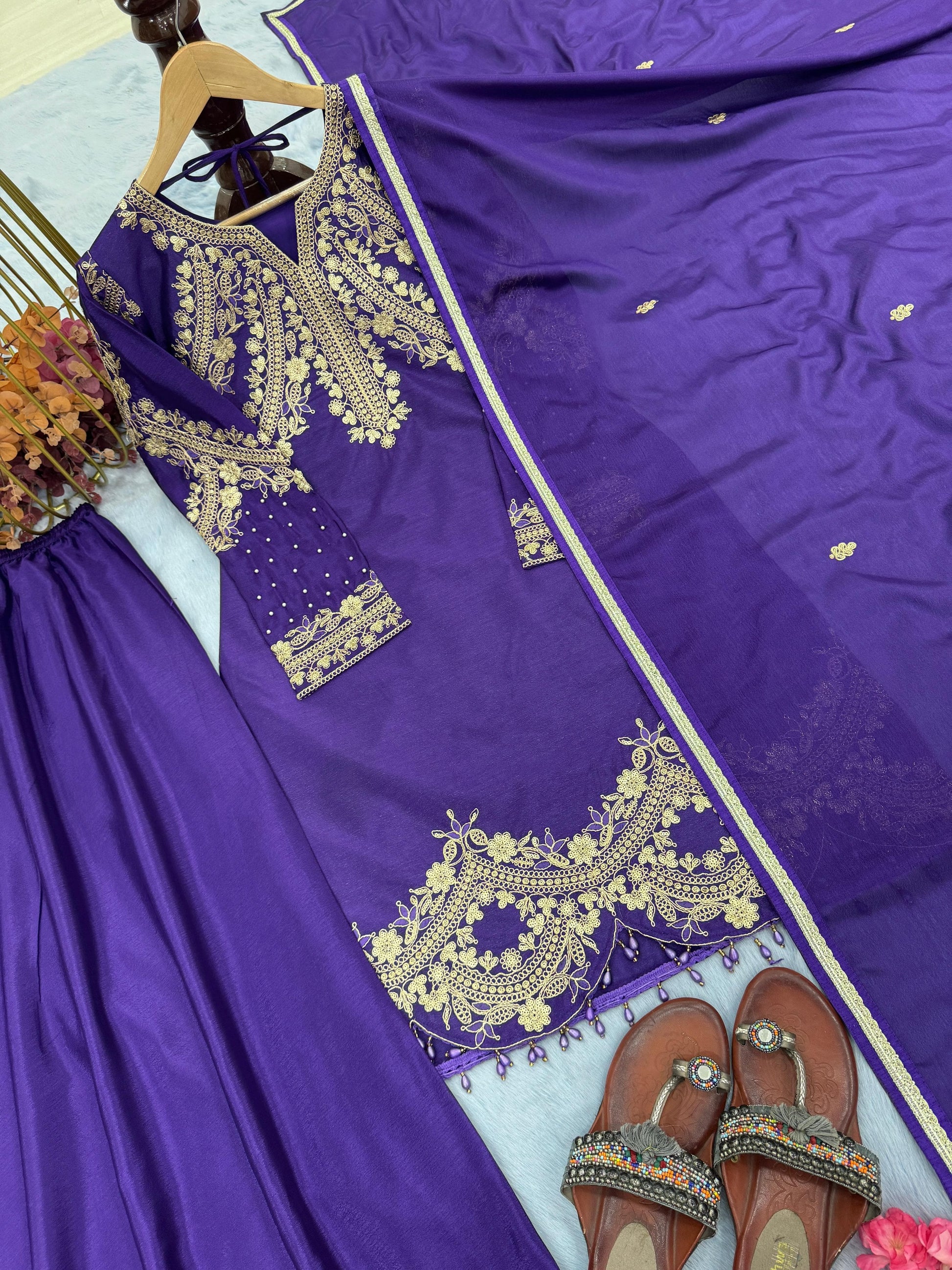 ✨ Premium Designer Chinon Silk Top-Plazzo-Dupatta Set ✨
