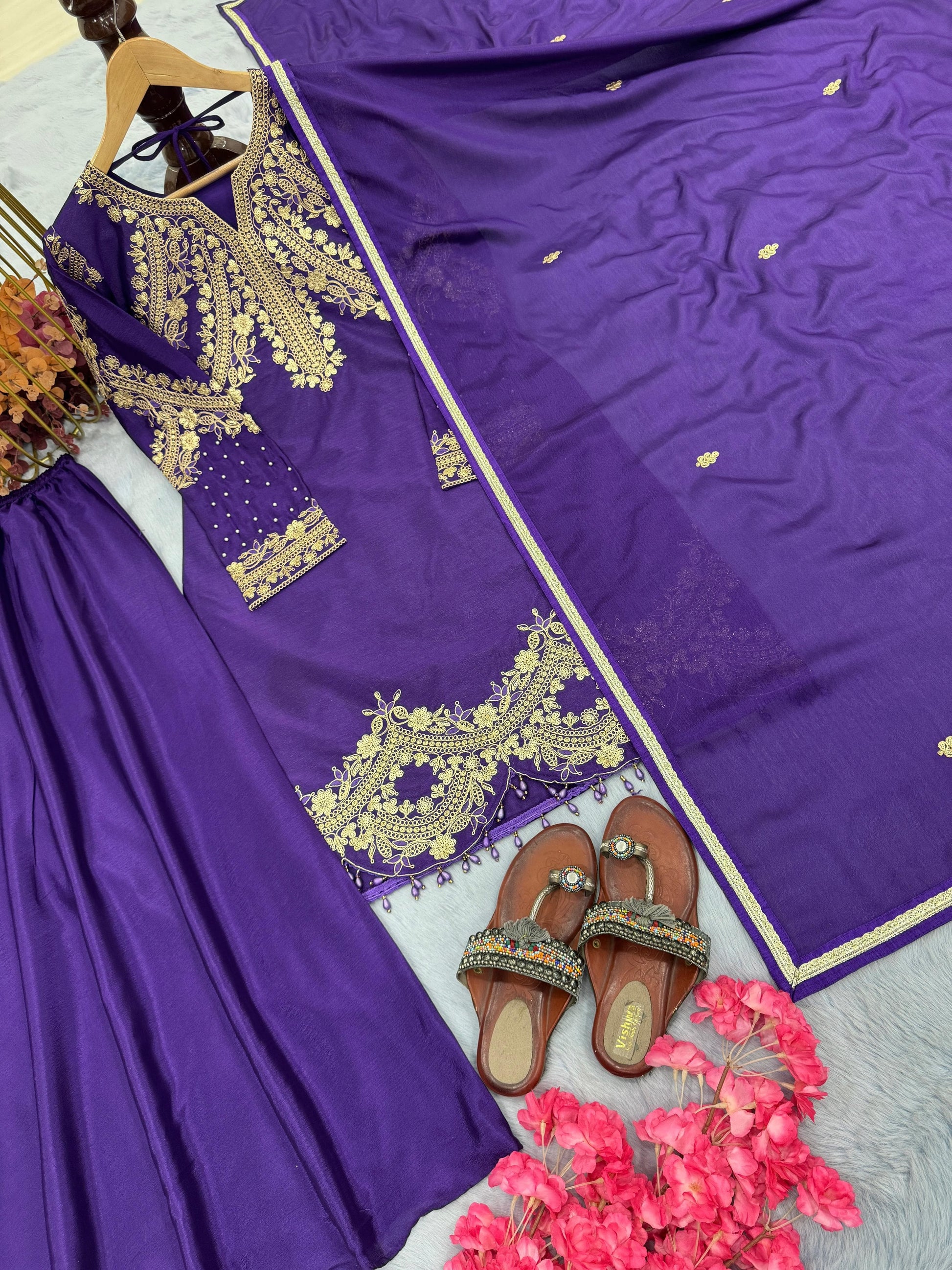 ✨ Premium Designer Chinon Silk Top-Plazzo-Dupatta Set ✨