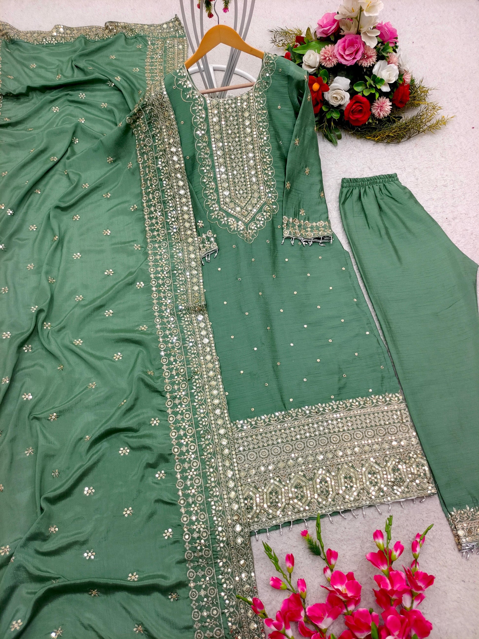 💫 Elegant Cinon Silk Top-Pant-Dupatta Set 🔥