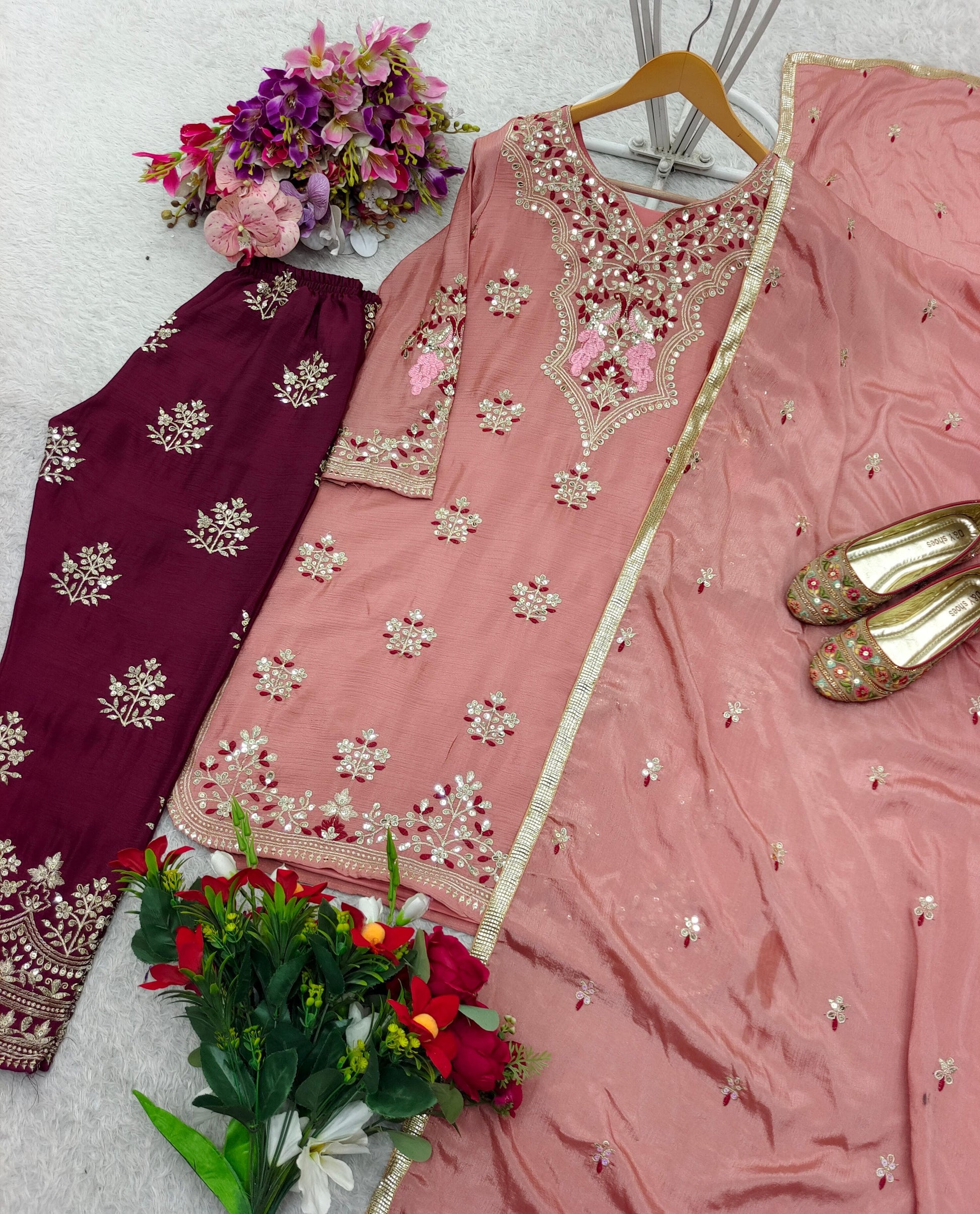 🌟 Shine with Elegance Fully Stitched Pure Chinon Silk Set with Sequence Magic! ✨