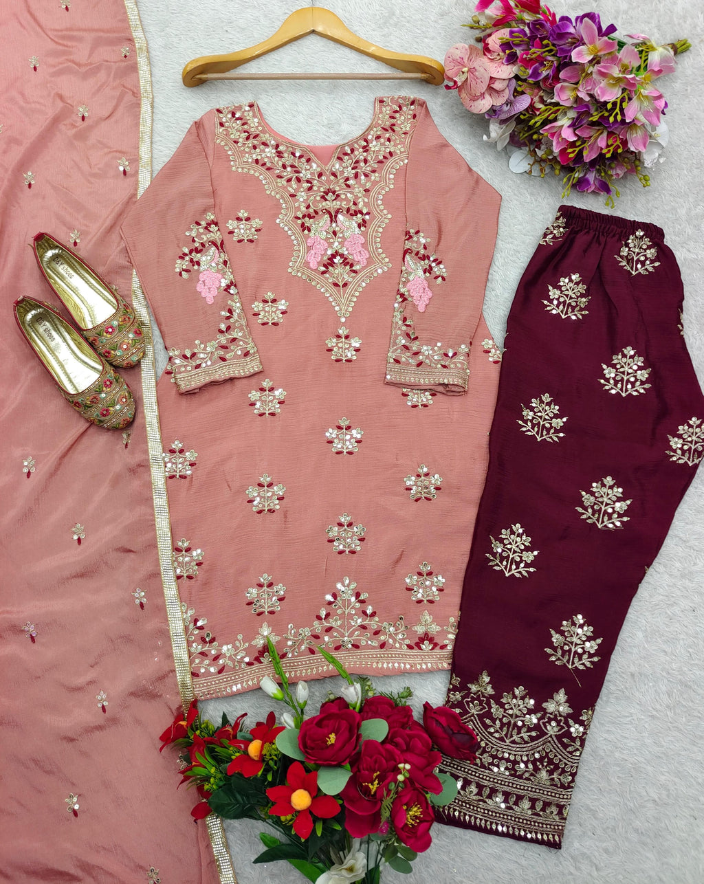 🌟 Shine with Elegance Fully Stitched Pure Chinon Silk Set with Sequence Magic! ✨
