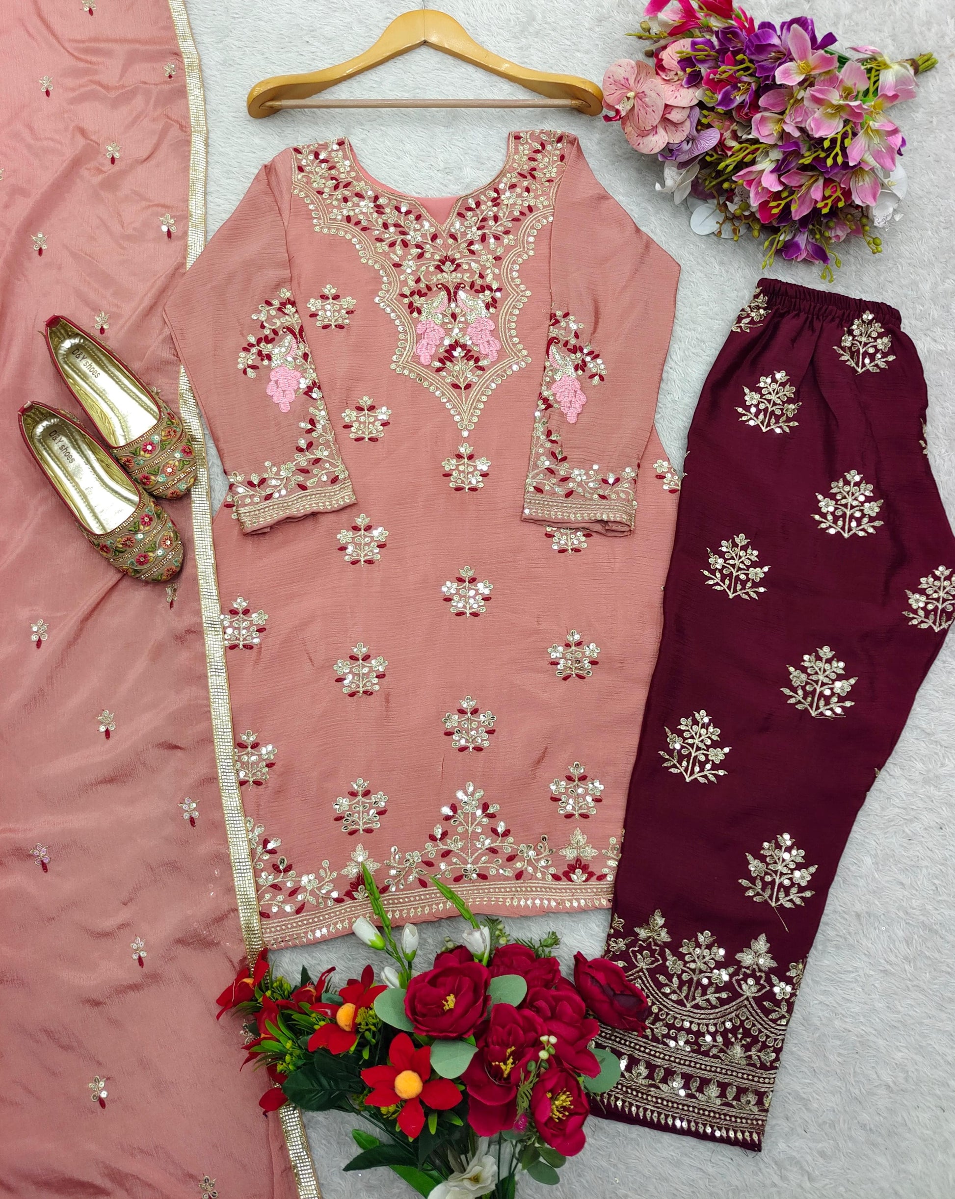 🌟 Shine with Elegance Fully Stitched Pure Chinon Silk Set with Sequence Magic! ✨