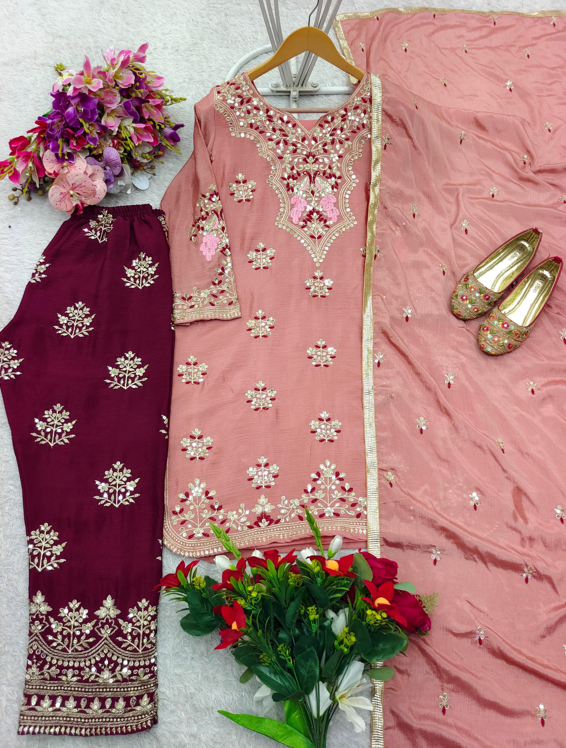 🌟 Shine with Elegance Fully Stitched Pure Chinon Silk Set with Sequence Magic! ✨
