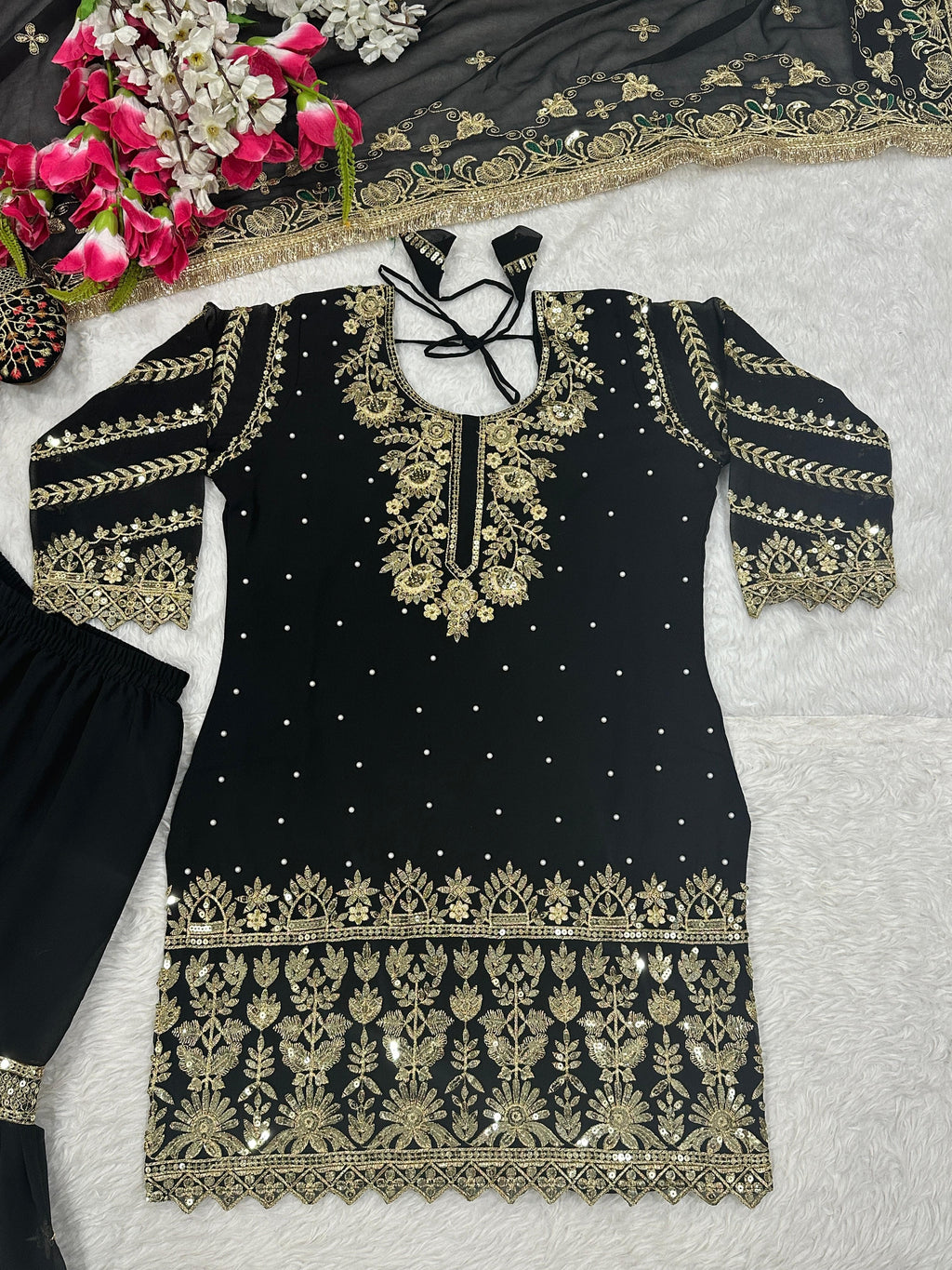 👑 Designer Set – Sharara Palazzo, Embroidered Top & Dupatta