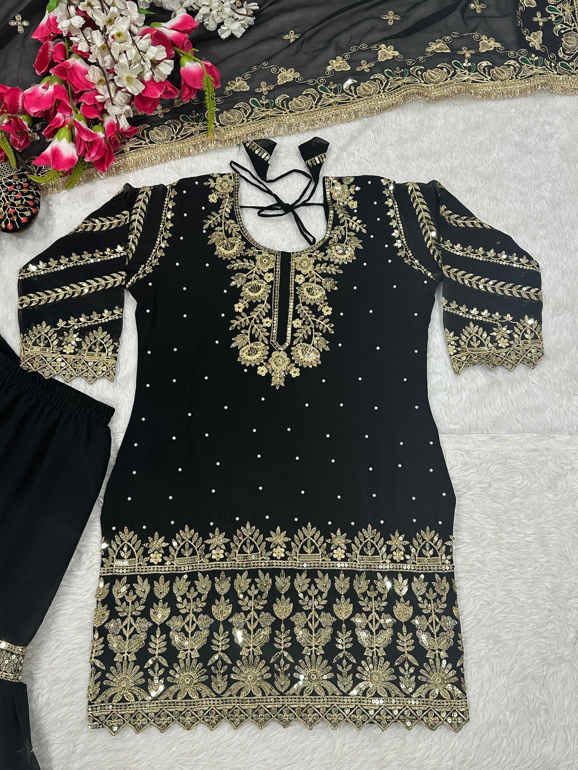 👑 Designer Set – Sharara Palazzo, Embroidered Top & Dupatta