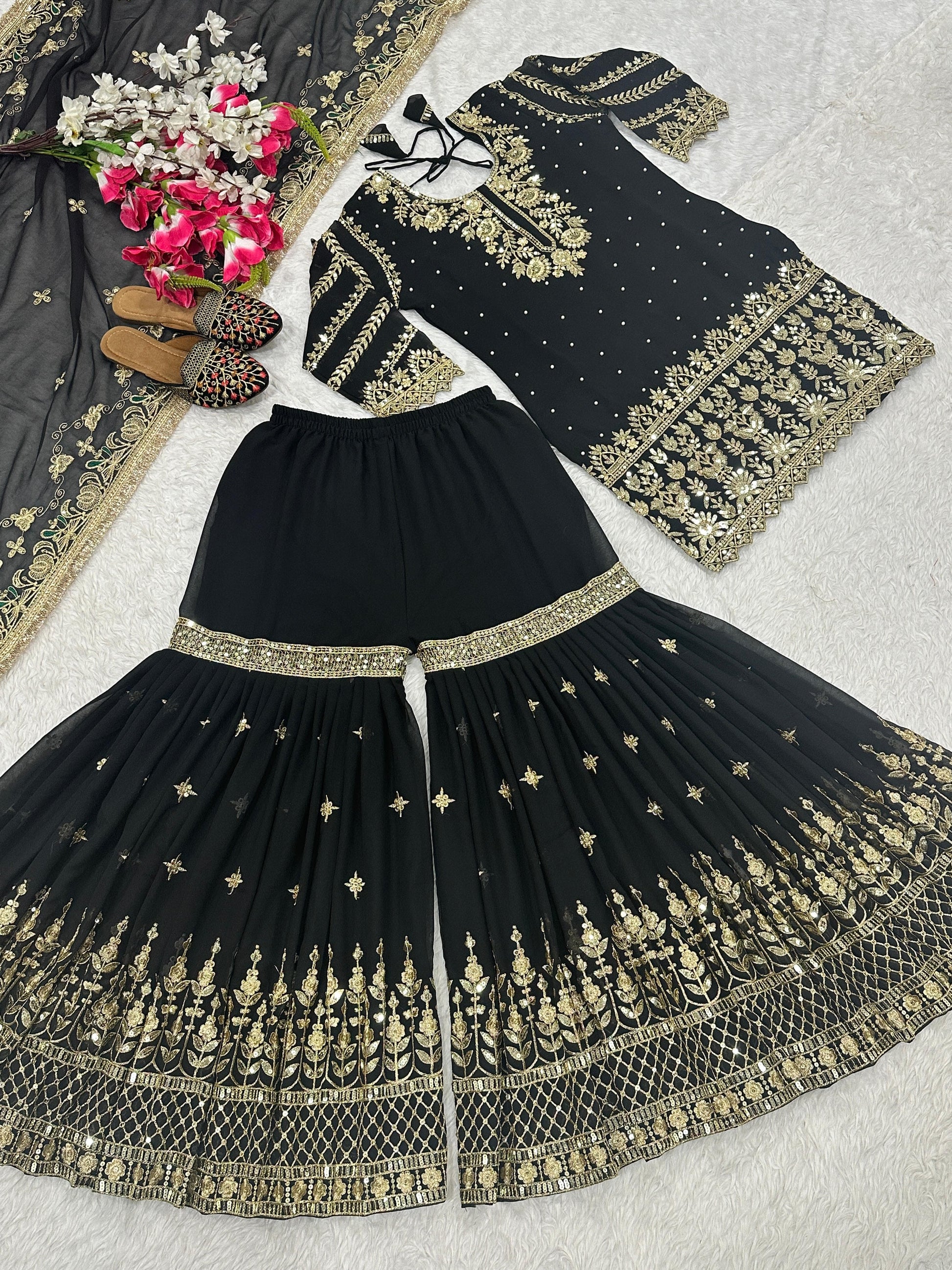 👑 Designer Set – Sharara Palazzo, Embroidered Top & Dupatta
