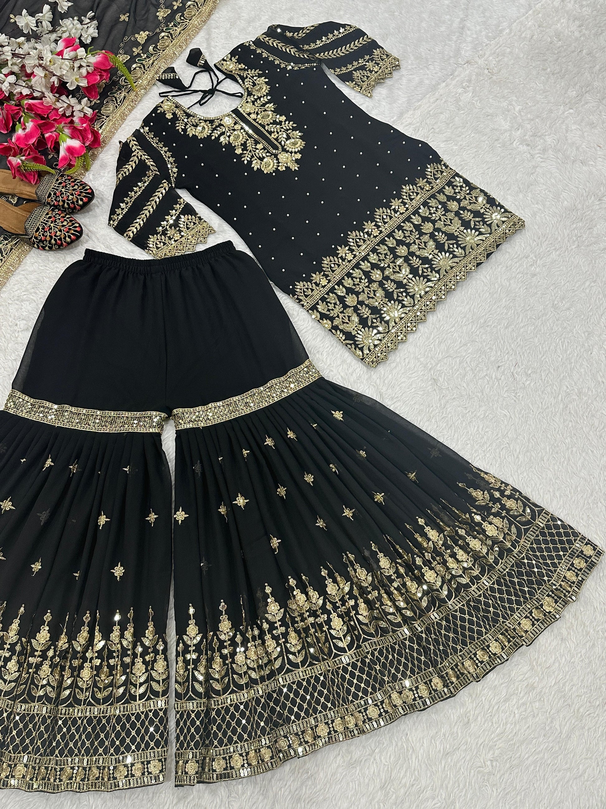 👑 Designer Set – Sharara Palazzo, Embroidered Top & Dupatta