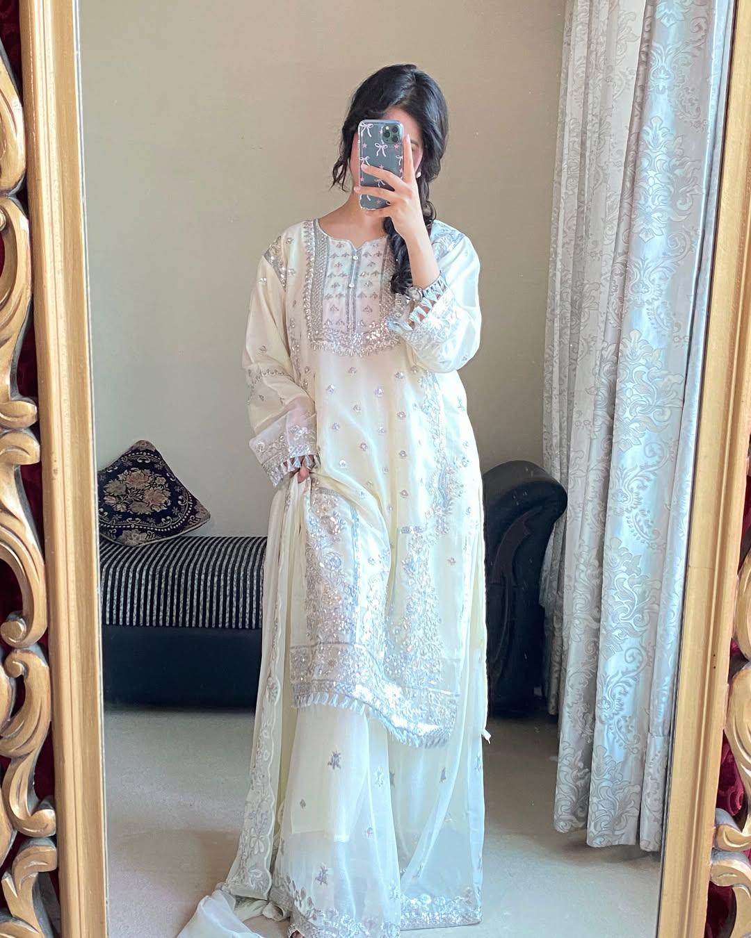 👗  Desirable Fancy Faux Georgette Embroidered Top & Pant Set with Dupatta