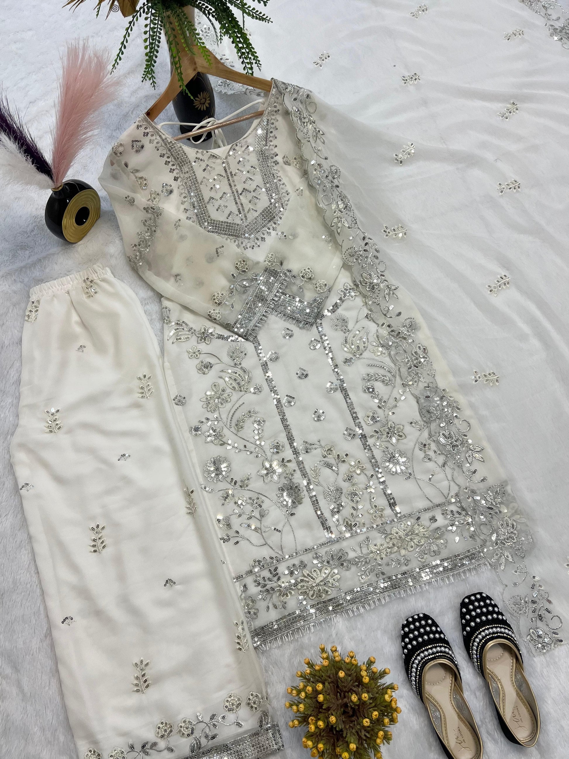👗  Desirable Fancy Faux Georgette Embroidered Top & Pant Set with Dupatta