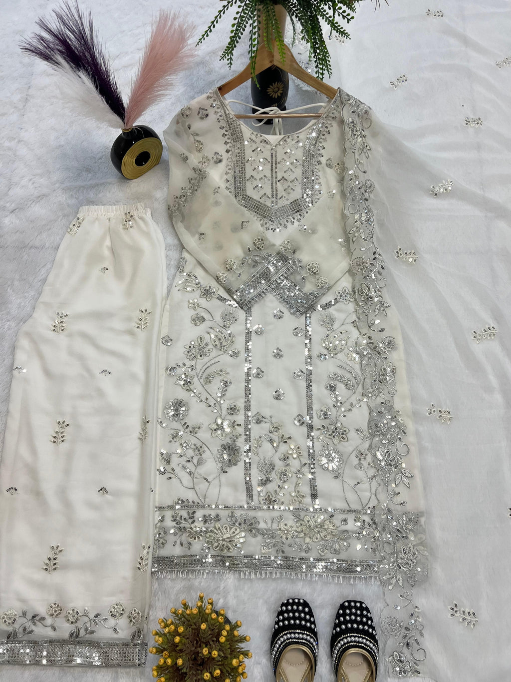 👗  Desirable Fancy Faux Georgette Embroidered Top & Pant Set with Dupatta