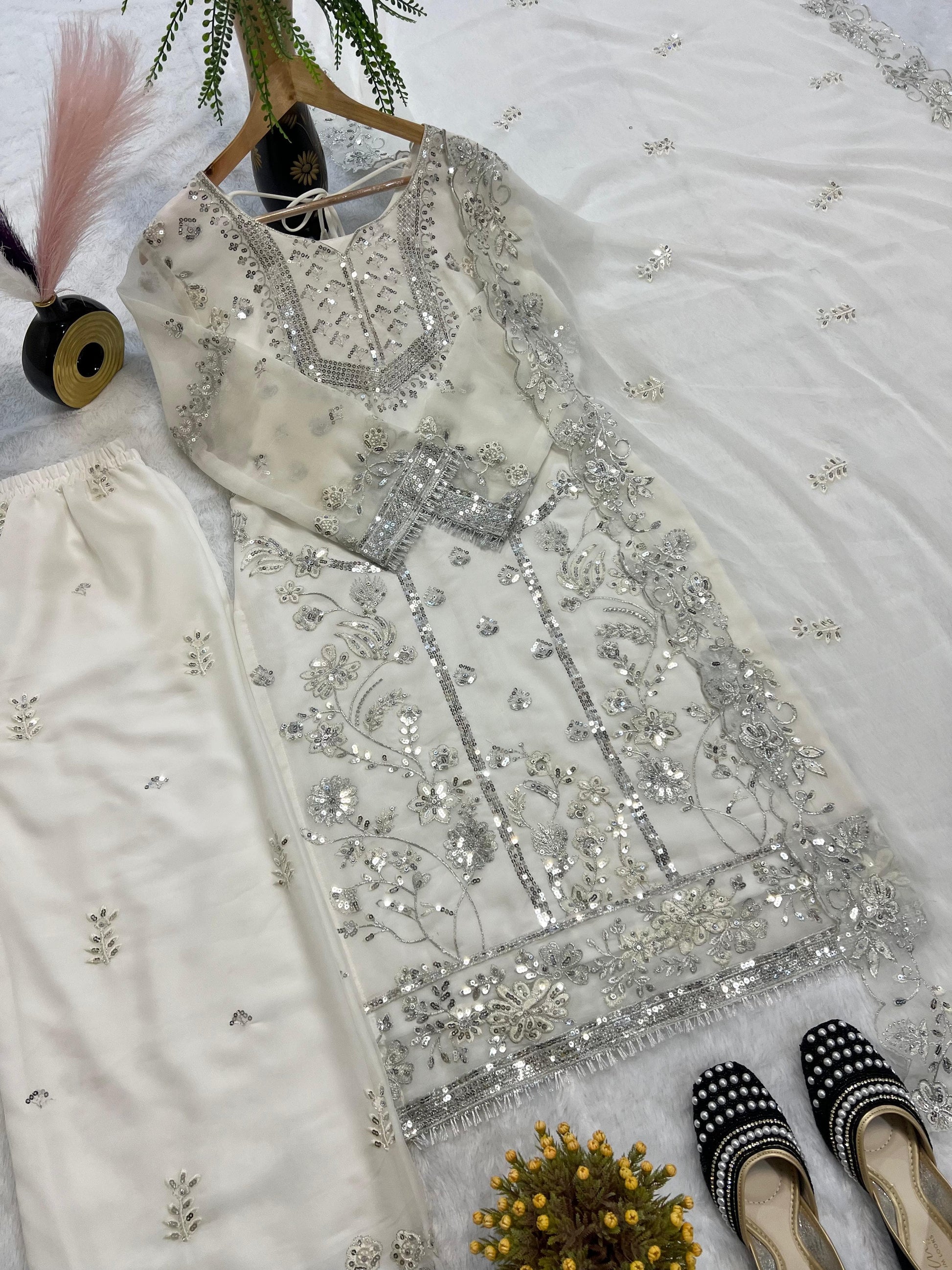 👗  Desirable Fancy Faux Georgette Embroidered Top & Pant Set with Dupatta