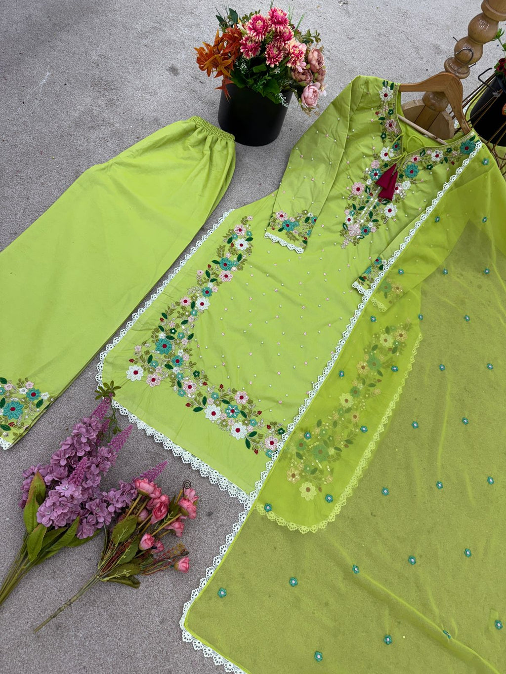 👗✨ New Designer Embroidered Top, Plazzo & Dupatta Set