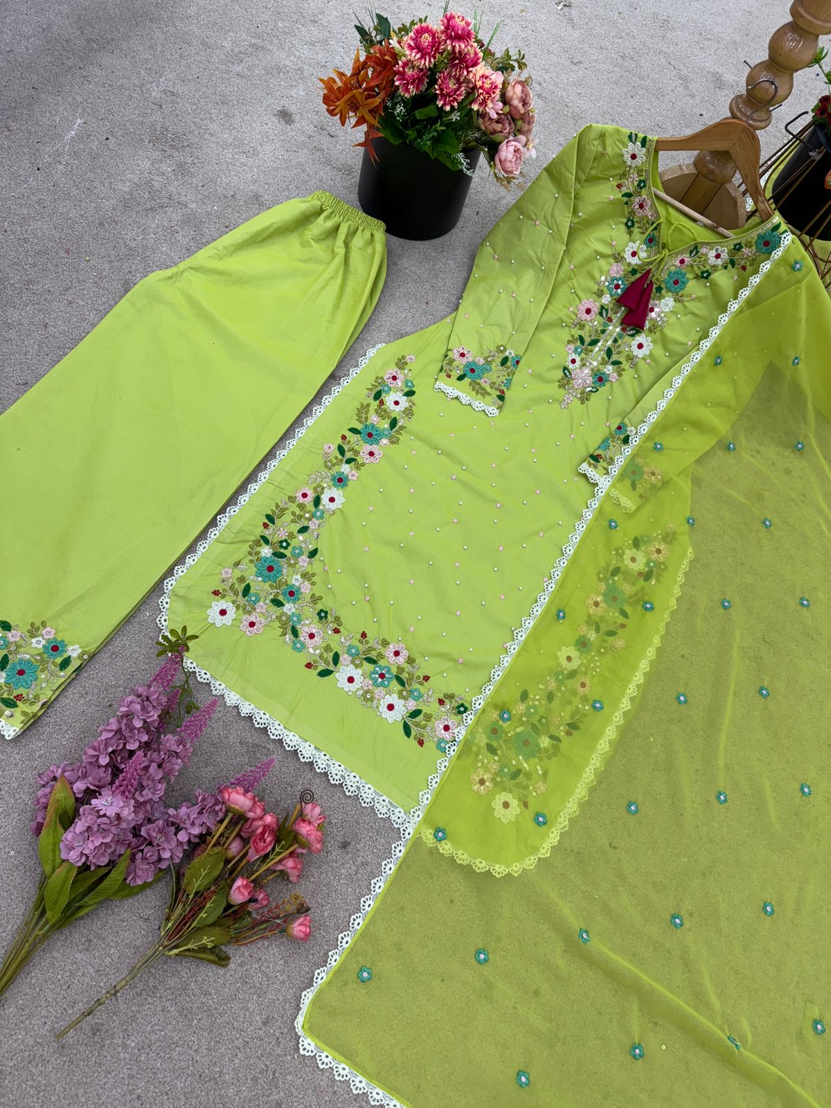 👗✨ New Designer Embroidered Top, Plazzo & Dupatta Set
