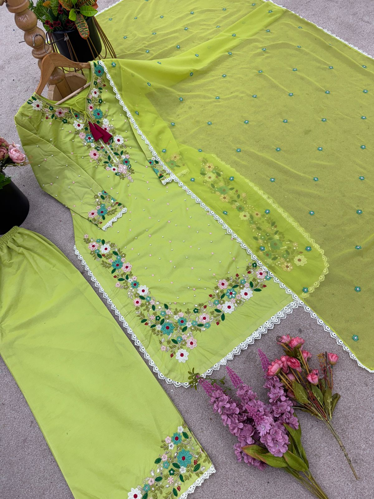 👗✨ New Designer Embroidered Top, Plazzo & Dupatta Set