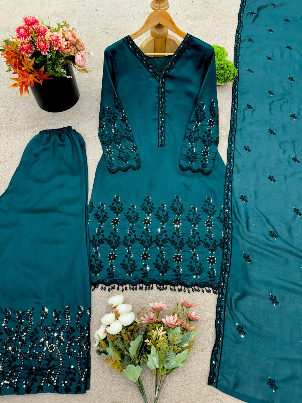 ✨ Designer Vichitra Silk Embroidered Set