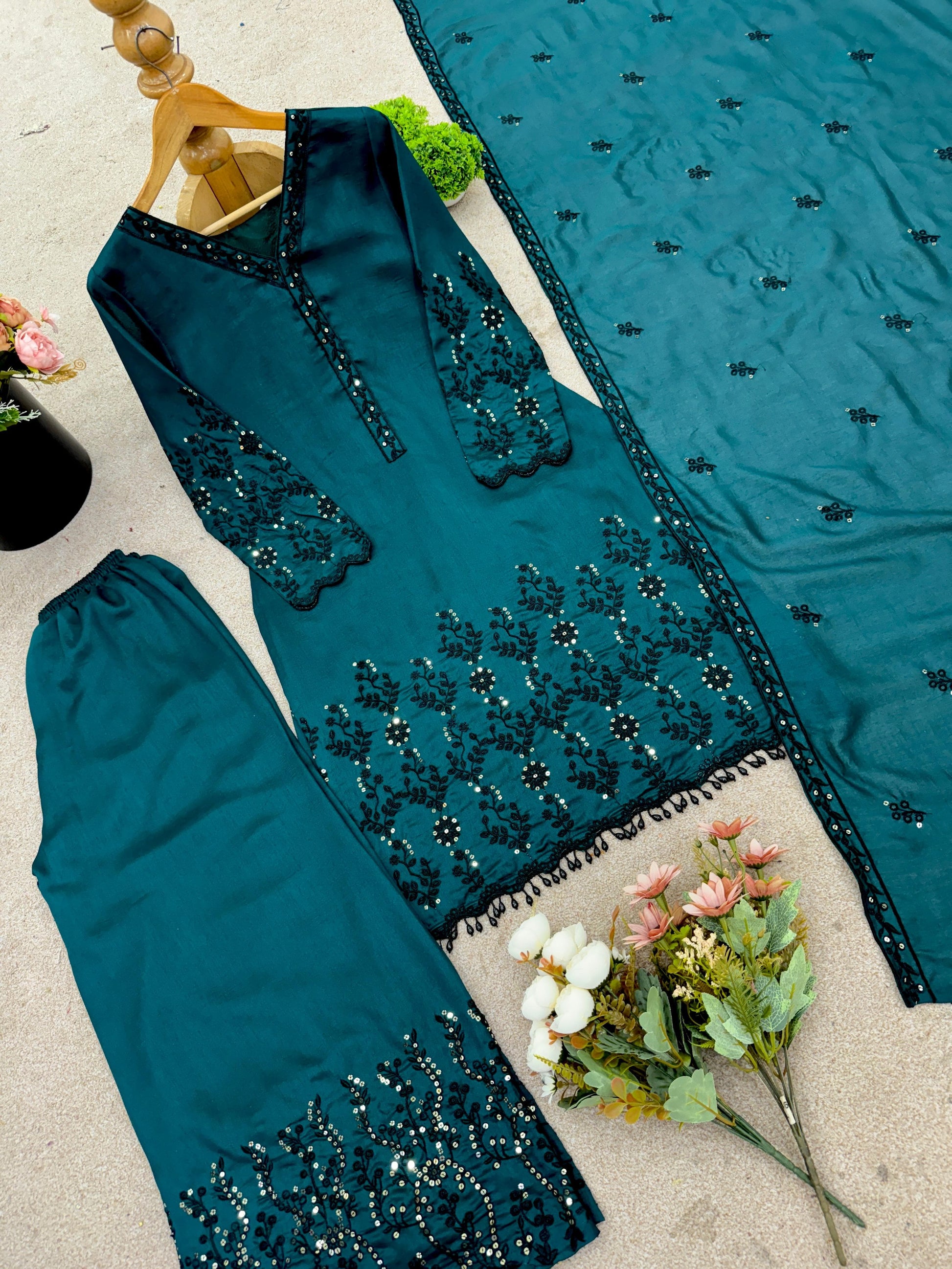 ✨ Designer Vichitra Silk Embroidered Set
