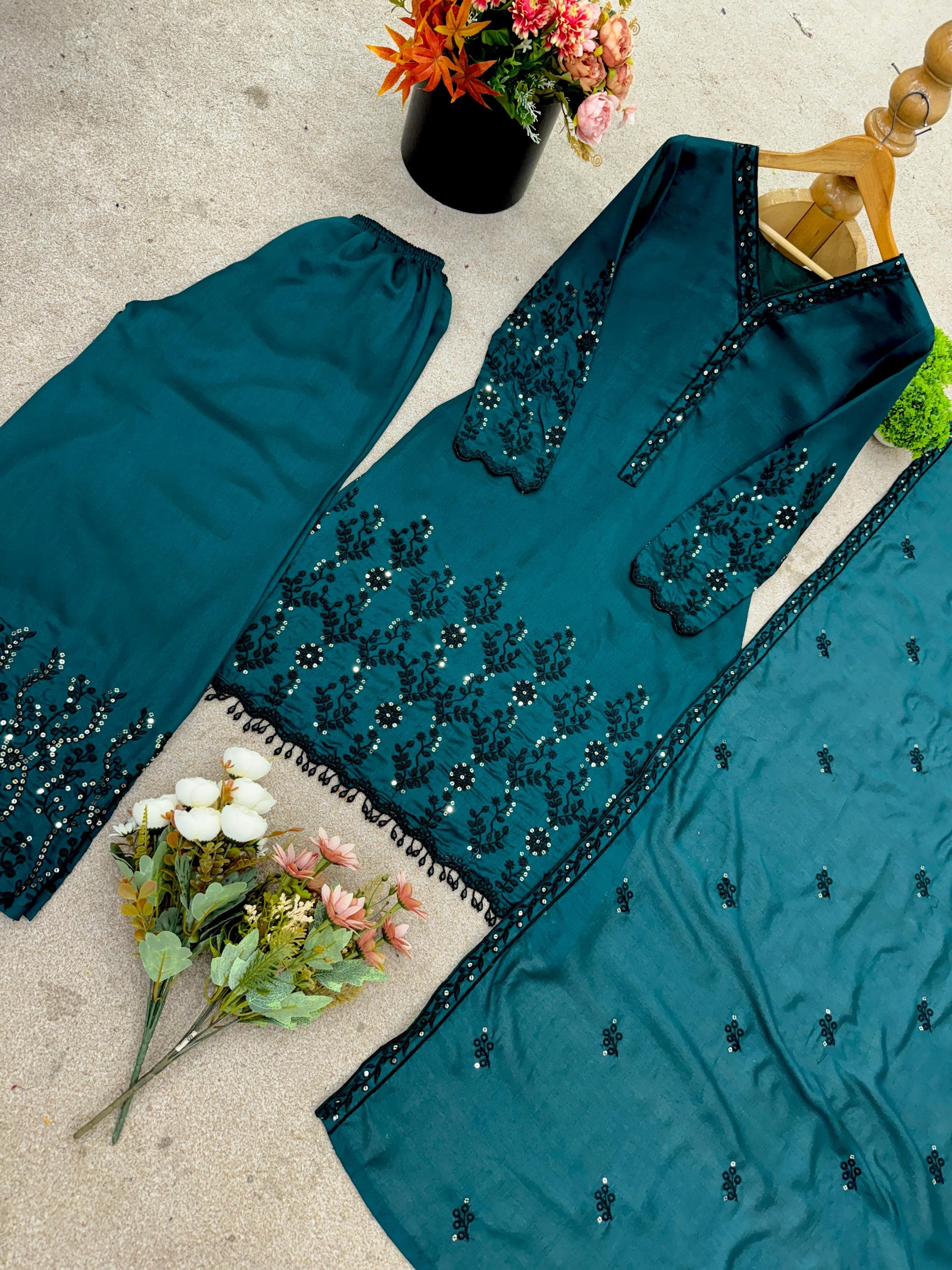 ✨ Designer Vichitra Silk Embroidered Set