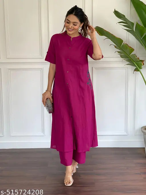 🏷️ Effortless Style – Cotton Kurta Set with Embroidered Pocket & Palazzo