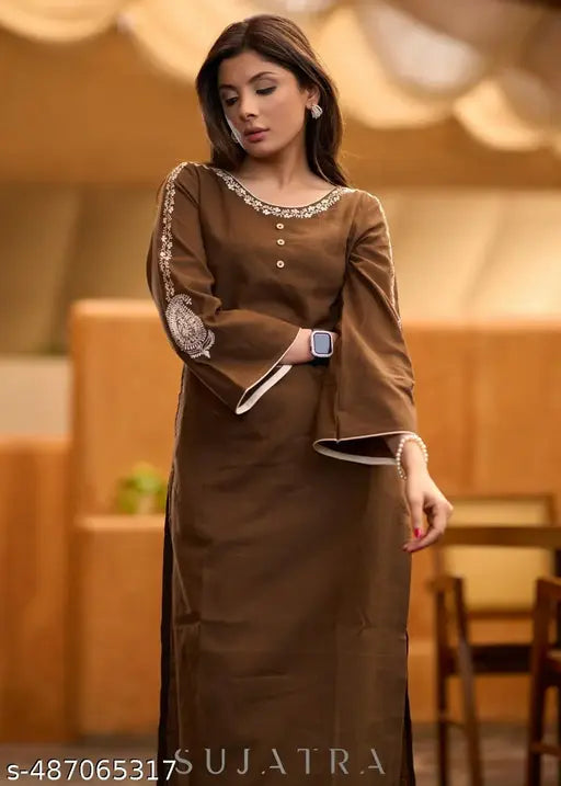 🌟 Elegant in Every Stitch – Embroidered Rayon Kurta Set with Bell Sleeves
