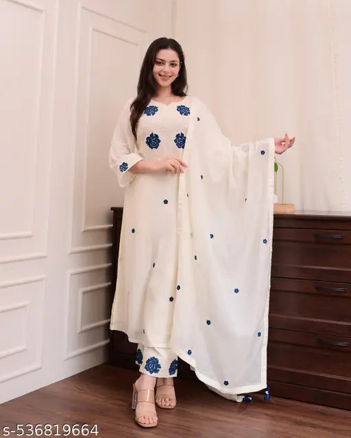 💫 Premium White Cotton Kurta Set with Blue Thread Embroidery