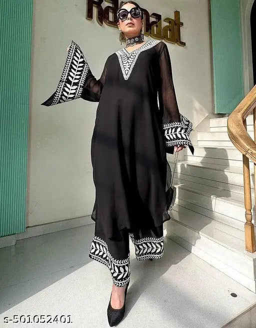 🖤 Noor-e-Kala: Black Embroidered Georgette Kurta & Palazzo Set