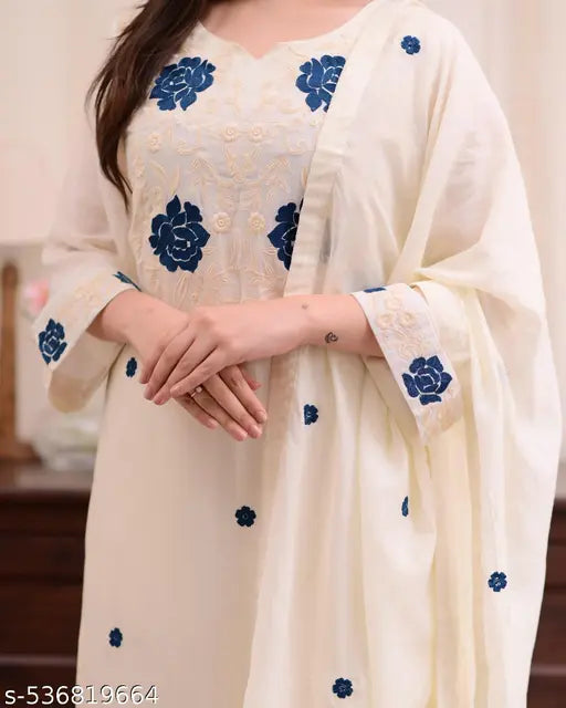 💫 Premium White Cotton Kurta Set with Blue Thread Embroidery