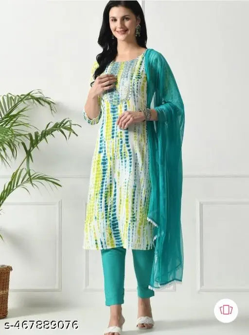 💚 Shibori Charm – Rama Green Yoke Design Kurta Set with Dupatta