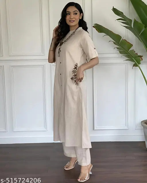 🏷️ Effortless Style – Cotton Kurta Set with Embroidered Pocket & Palazzo