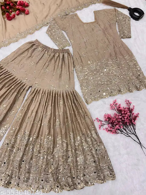 ✨ Royal Charm – Embroidered Chinnon Silk Sharara Suit Set