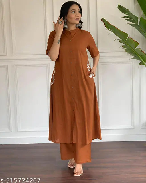 🏷️ Effortless Style – Cotton Kurta Set with Embroidered Pocket & Palazzo