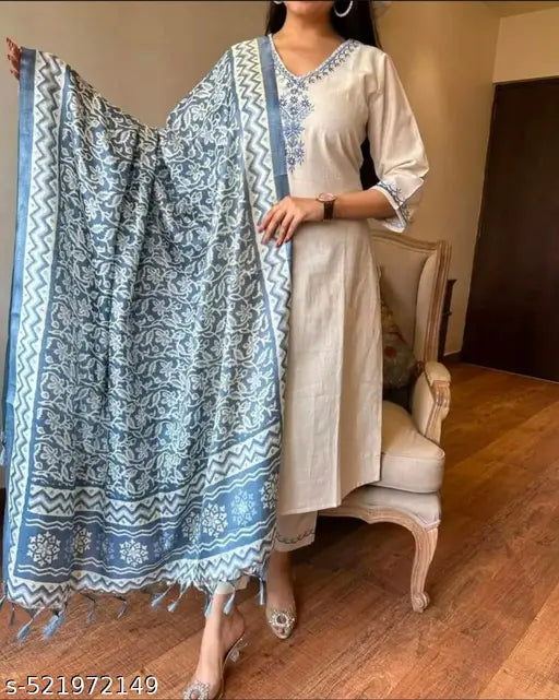 🛍️ Grace in Khadi – Women’s Ethnic Embroidered Top with Pant & Dupatta Set