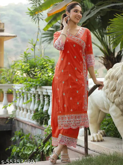 🧡 Regal Radiance – Orange Chanderi Silk Embroidered Kurta Set