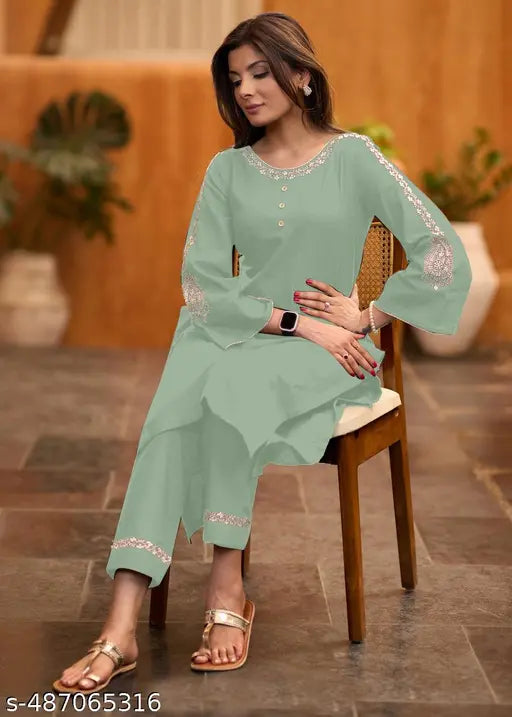 🌟 Elegant in Every Stitch – Embroidered Rayon Kurta Set with Bell Sleeves