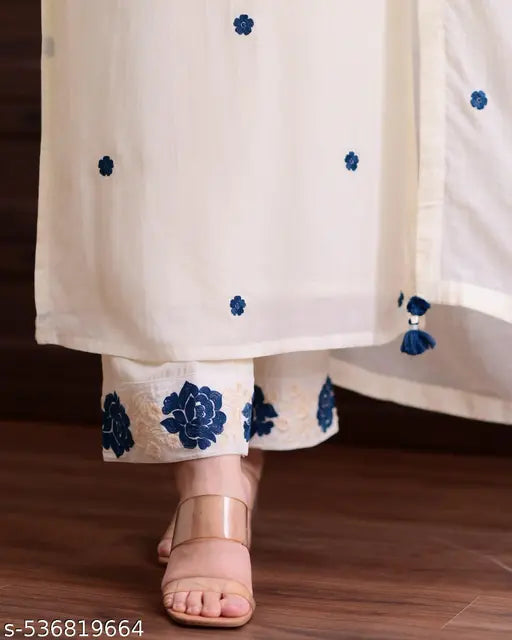 💫 Premium White Cotton Kurta Set with Blue Thread Embroidery