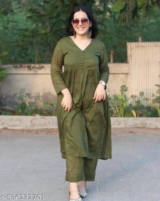 🌿 Olive Green Mul Cotton Kurta Set – Simple, Soft, Stylish!