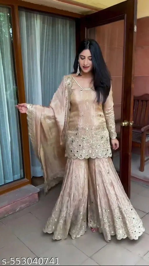 ✨ Royal Charm – Embroidered Chinnon Silk Sharara Suit Set