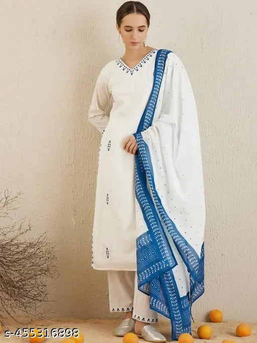 🌸 Ethnic Motifs Embroidered Cotton Kurta Set with Dupatta
