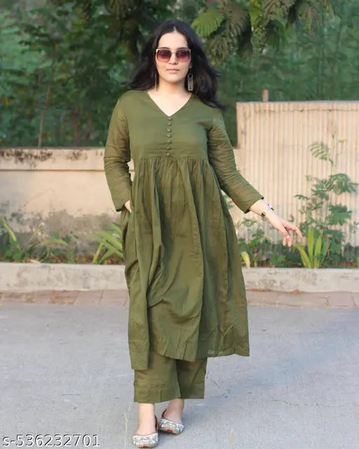 🌿 Olive Green Mul Cotton Kurta Set – Simple, Soft, Stylish!
