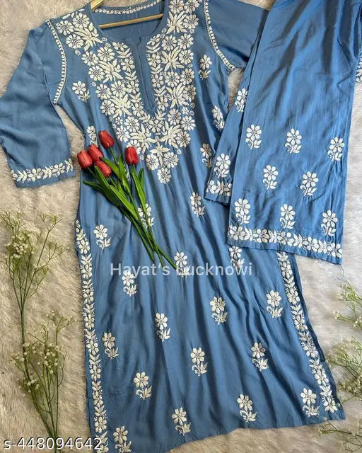 🤍 Grace in Threads – Chikankari Embroidered Kurti with Palazzo Set