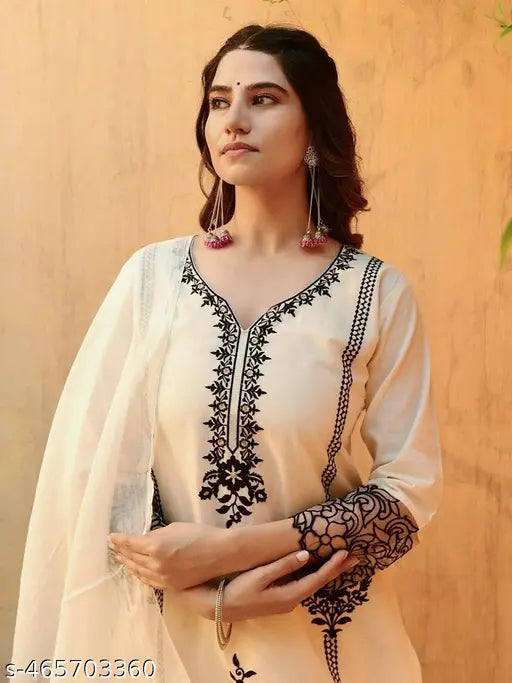 🤍 Viscose Embroidered Yoke Kurta Set – White Elegance with Grace