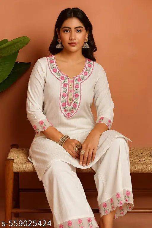 🤍 Blossom in White – Floral Embroidered Cotton Kurta Set